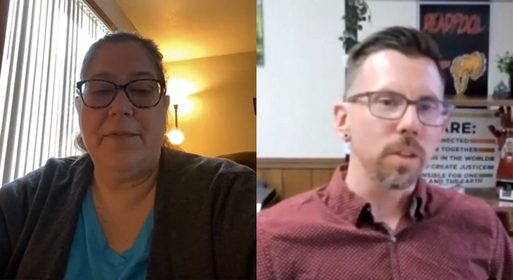 A split-screen image of Beth Ritter and Jesse Heffernan speaking at the WISE coalition meeting.