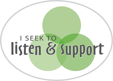 A decal titled 'The Safe Person 7 Promises' displaying the text 'I seek to listen & support', accented by overlaying green circles in the background.