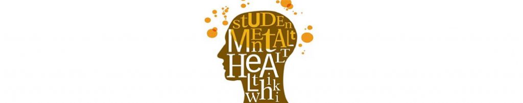 A graphic design of a head with orange splatter and text within the head that reads “Student Mental Health”.